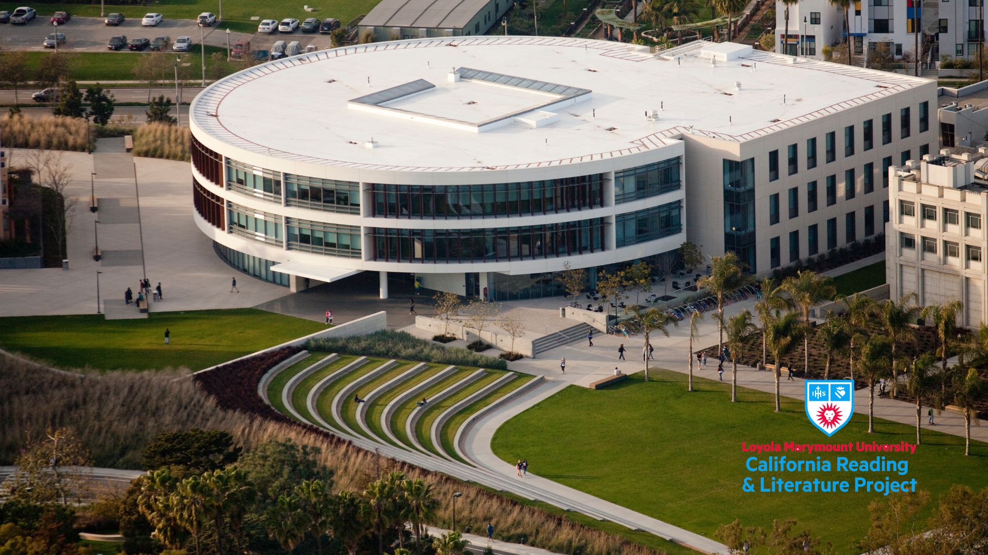 An overhead view of the beautiful LMU Library on a sunny day